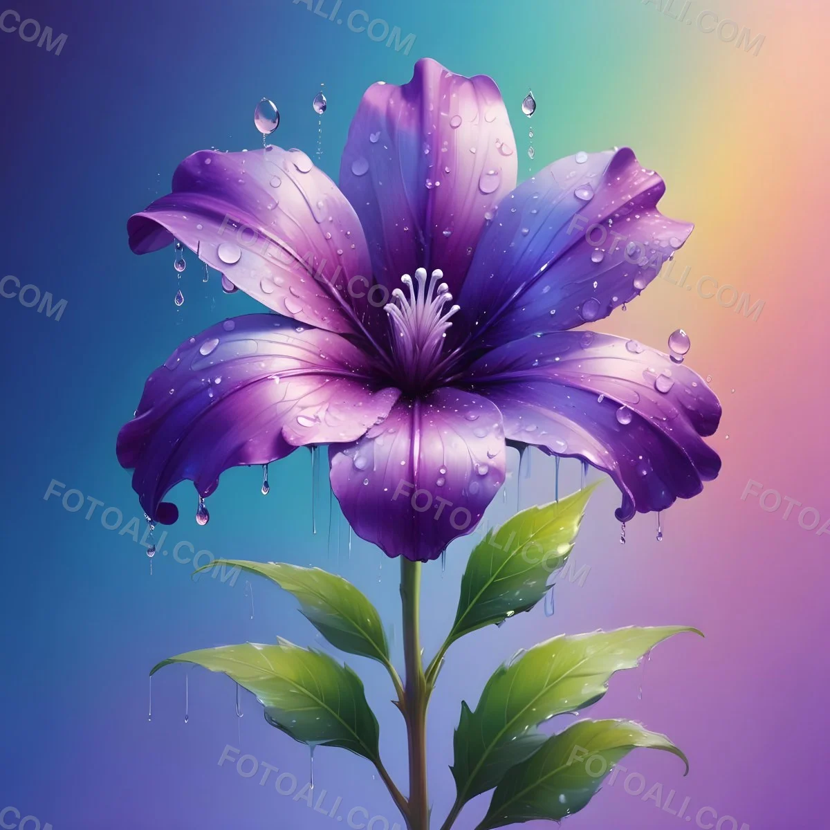 A Purple Flower With Water Drops On A Purple Stem And Leaves Pastel Rainbow Background Soft Lighting High Detail Elegant Vibrant Colors Dreamy Botanical Illustration 42 4afe