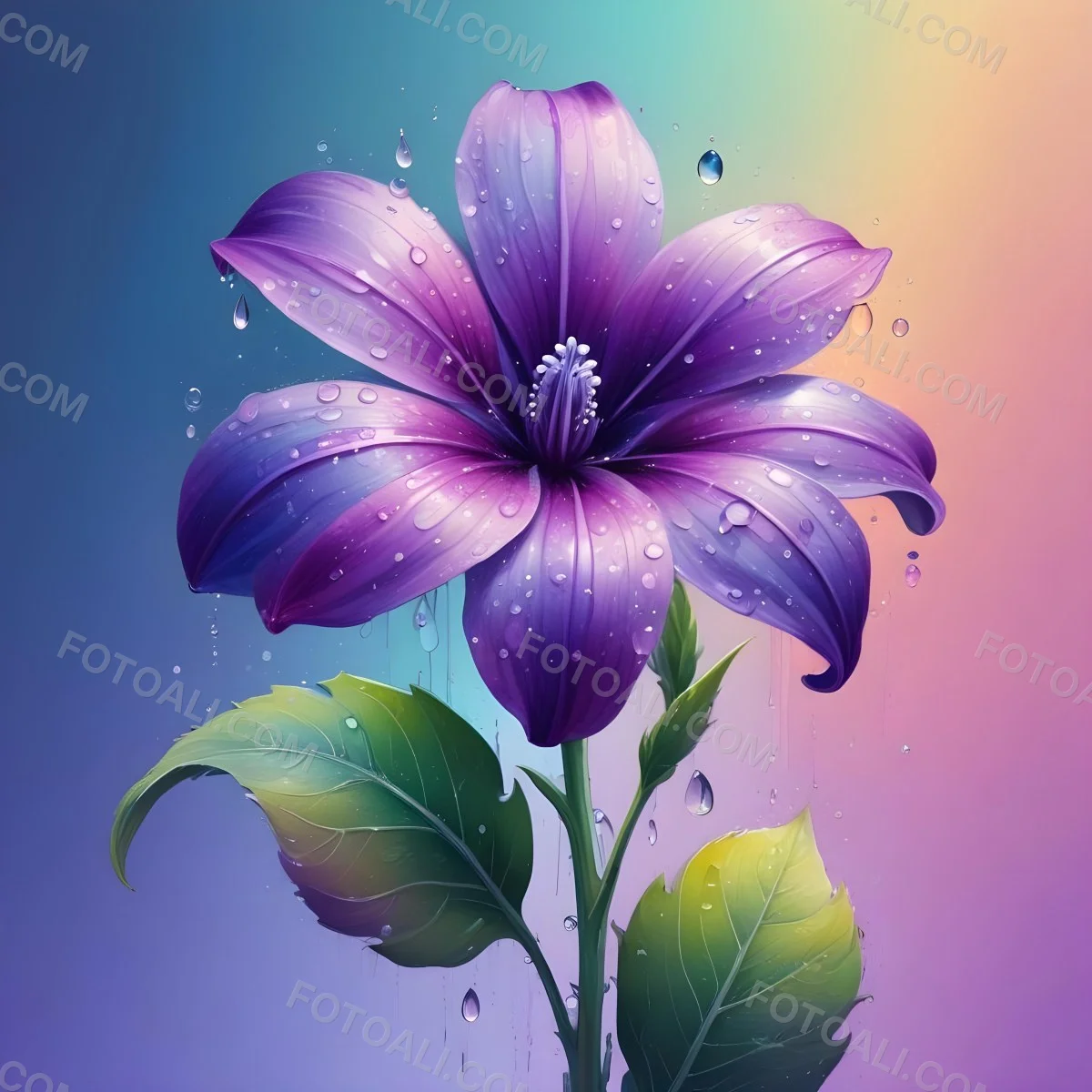 A Purple Flower With Water Drops On A Purple Stem And Leaves Pastel Rainbow Background Soft Lighting High Detail Elegant Vibrant Colors Dreamy Botanical Illustration 5 E3e9
