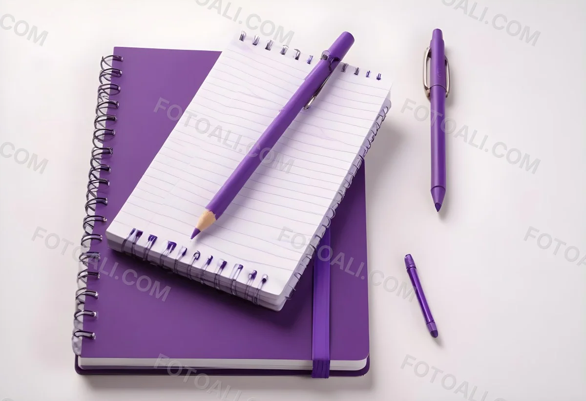 A Purple Notebook With A Spiral Binding Several Purple Pencils And A Purple Pen On A White Surface 1 826e