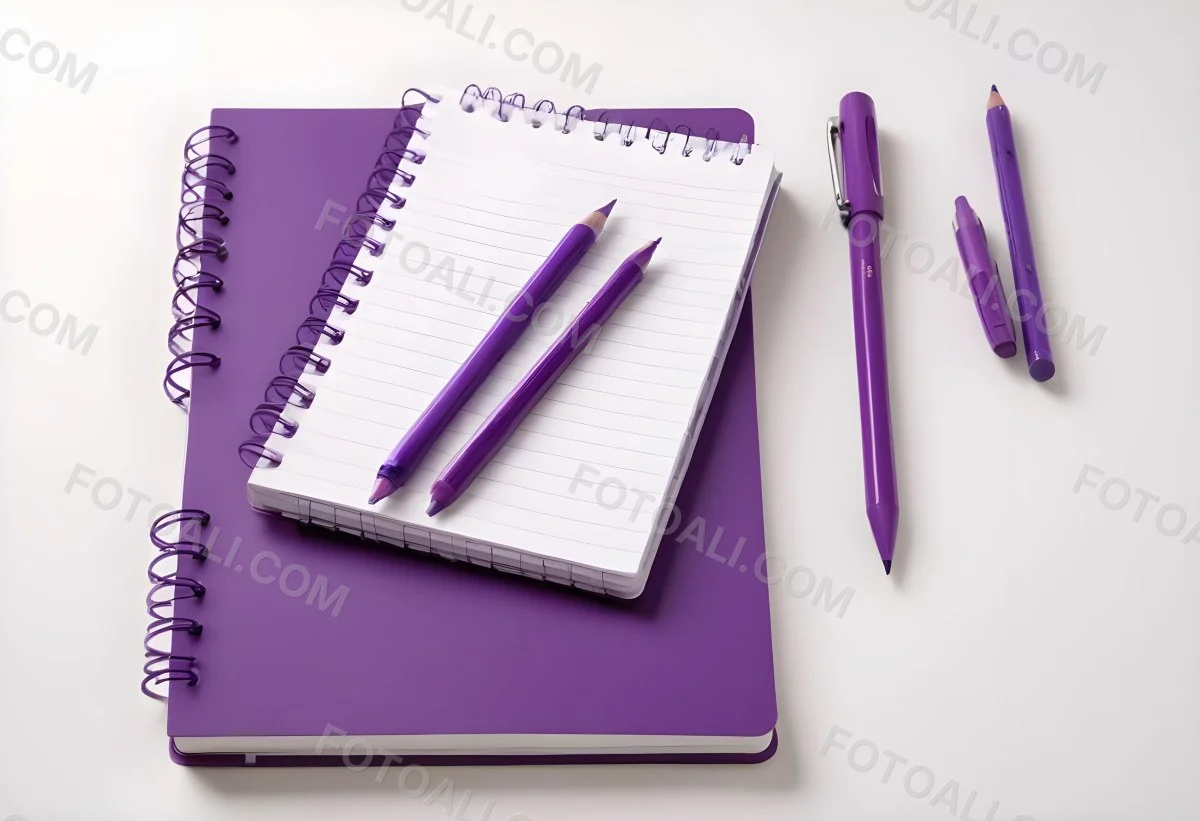 A Purple Notebook With A Spiral Binding Several Purple Pencils And A Purple Pen On A White Surface 2 0fdd