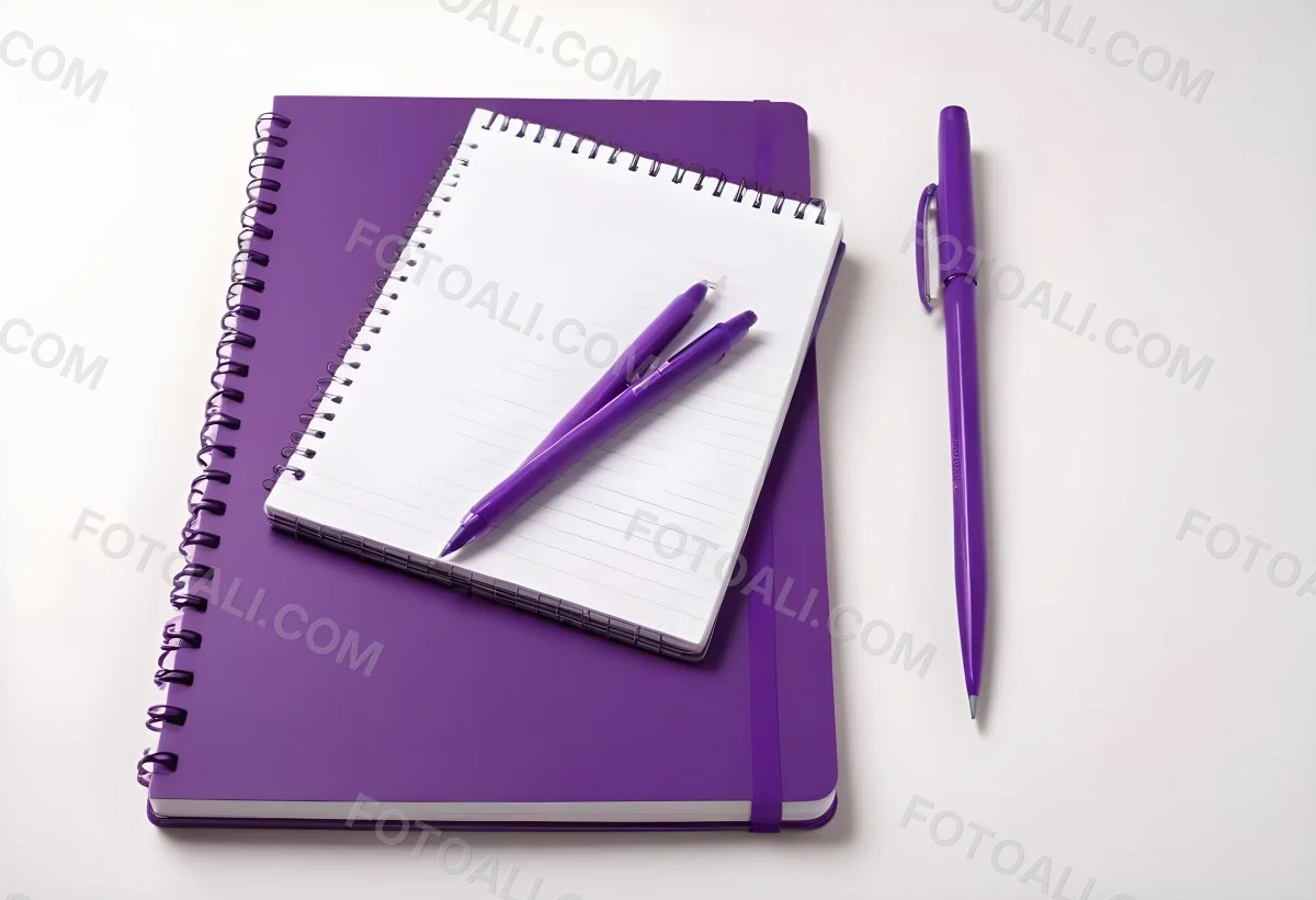 A Purple Notebook With A Spiral Binding Several Purple Pencils And A Purple Pen On A White Surface 3 97e8