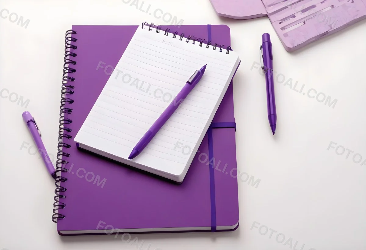 A Purple Notebook With A Spiral Binding Several Purple Pencils And A Purple Pen On A White Surface 4 C153