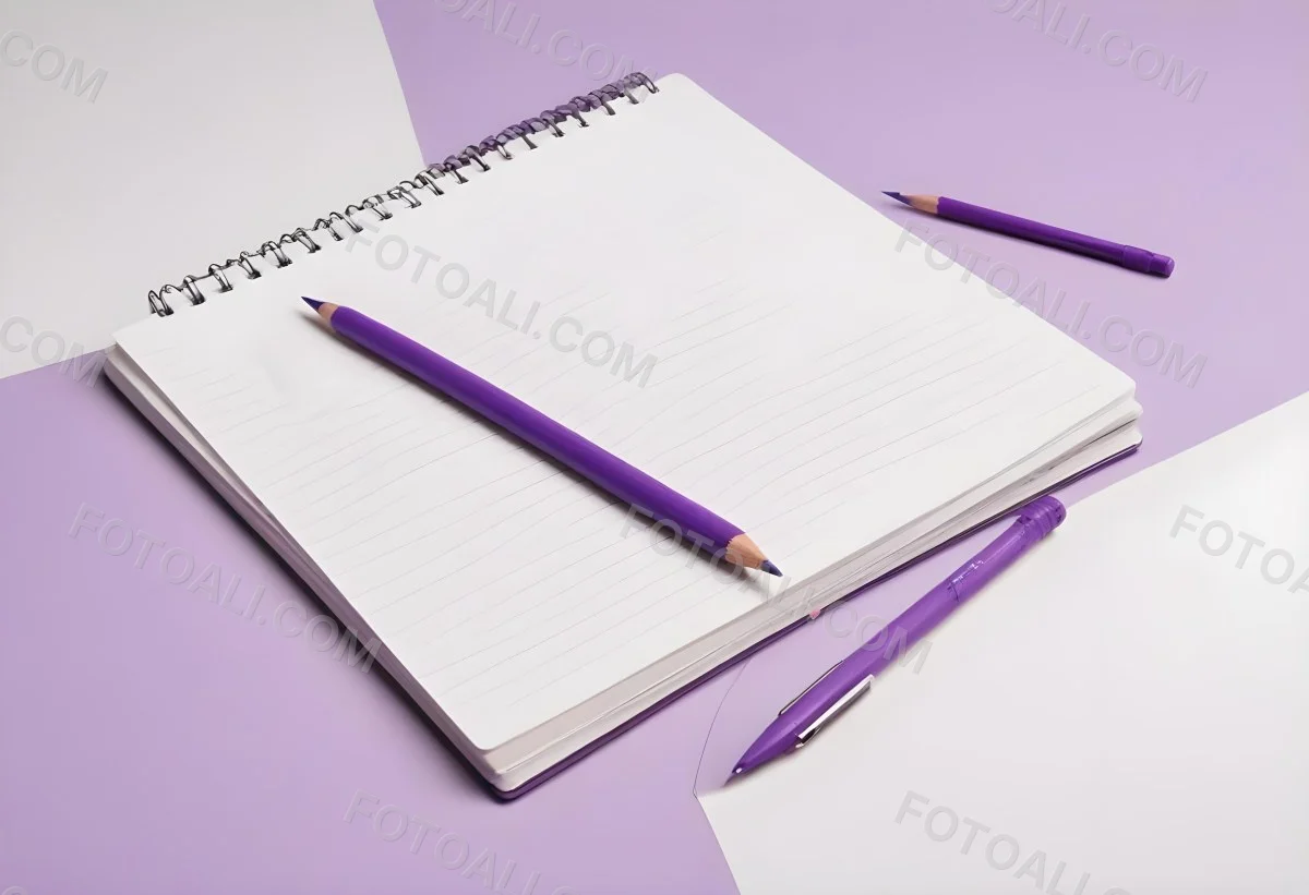 A Purple Notebook With A Spiral Binding Several Purple Pencils And A Purple Pen On A White Surface 5 2f4d