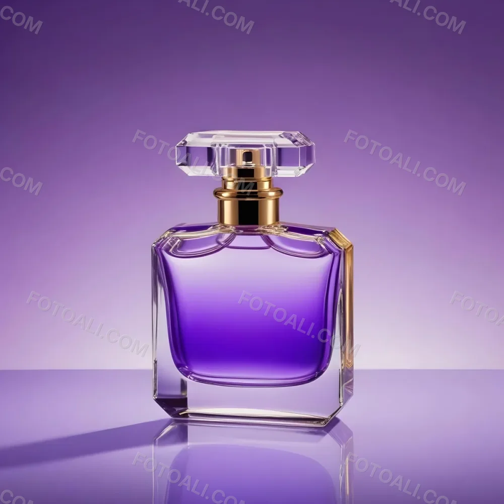 A Purple Perfume Bottle With A Transparent Cap And Golden Neck Placed On A Reflective Surface With A Gradient Purple Background 16 3f3a