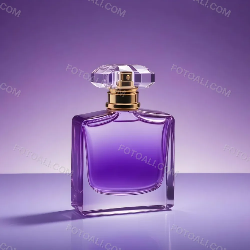 A Purple Perfume Bottle With A Transparent Cap And Golden Neck Placed On A Reflective Surface With A Gradient Purple Background 17 B00a