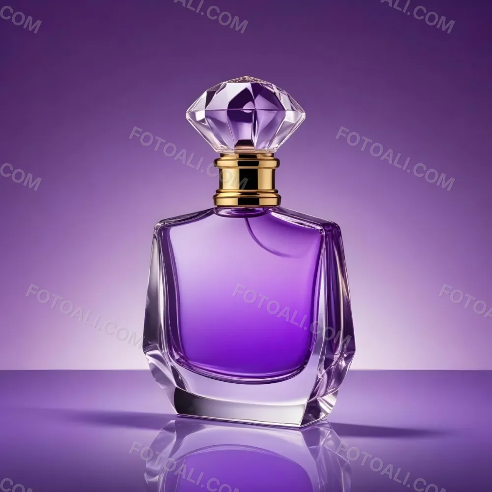 A Purple Perfume Bottle With A Transparent Cap And Golden Neck Placed On A Reflective Surface With A Gradient Purple Background 2 Cd84