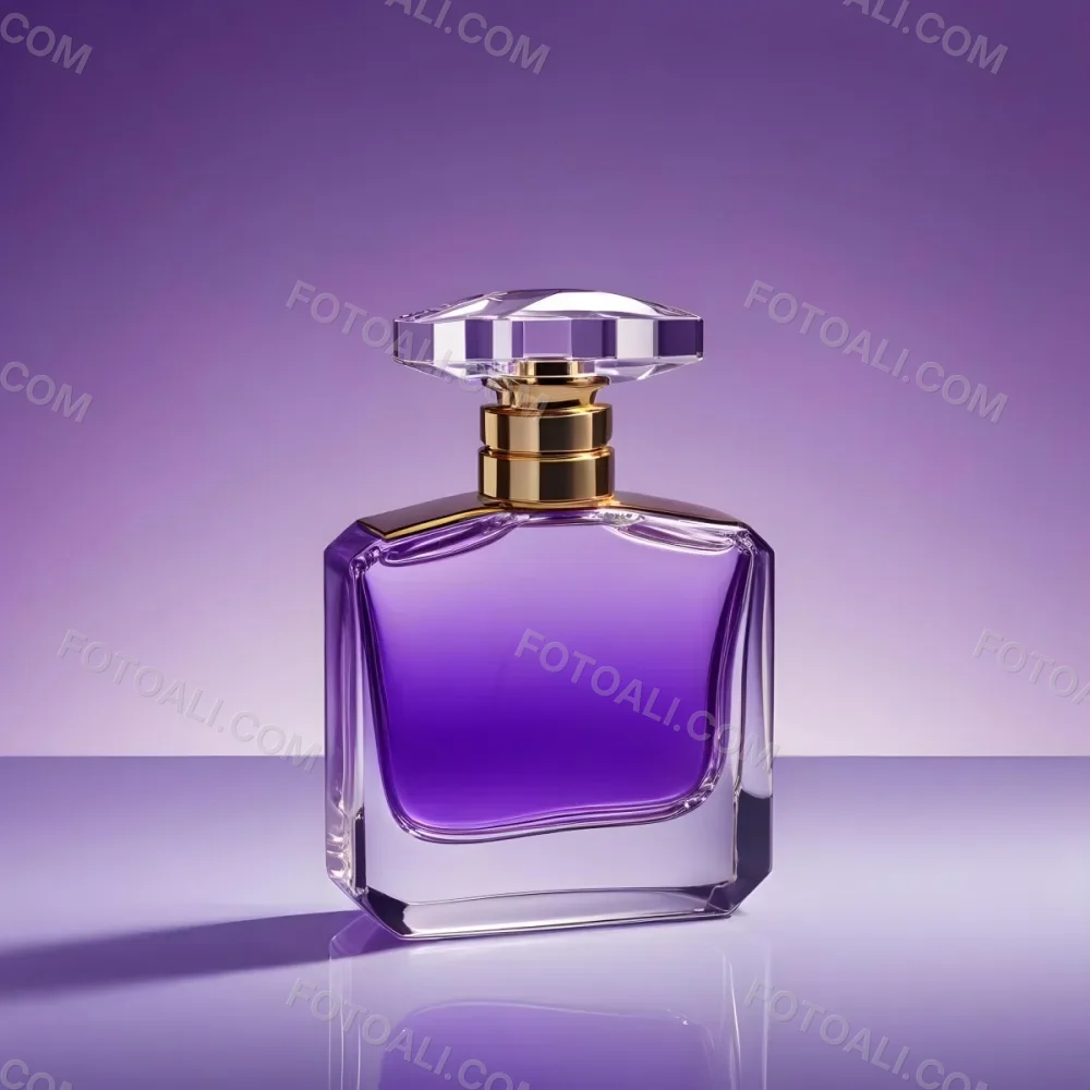 A Purple Perfume Bottle With A Transparent Cap And Golden Neck Placed On A Reflective Surface With A Gradient Purple Background 25 7653