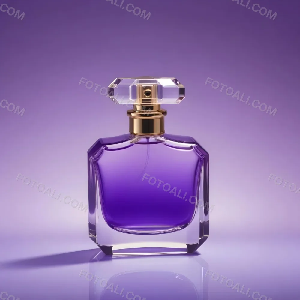 A Purple Perfume Bottle With A Transparent Cap And Golden Neck Placed On A Reflective Surface With A Gradient Purple Background 27 4577