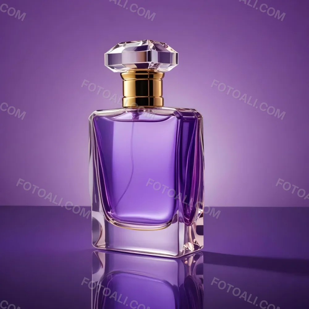 A Purple Perfume Bottle With A Transparent Cap And Golden Neck Placed On A Reflective Surface With A Gradient Purple Background 3 Baf6