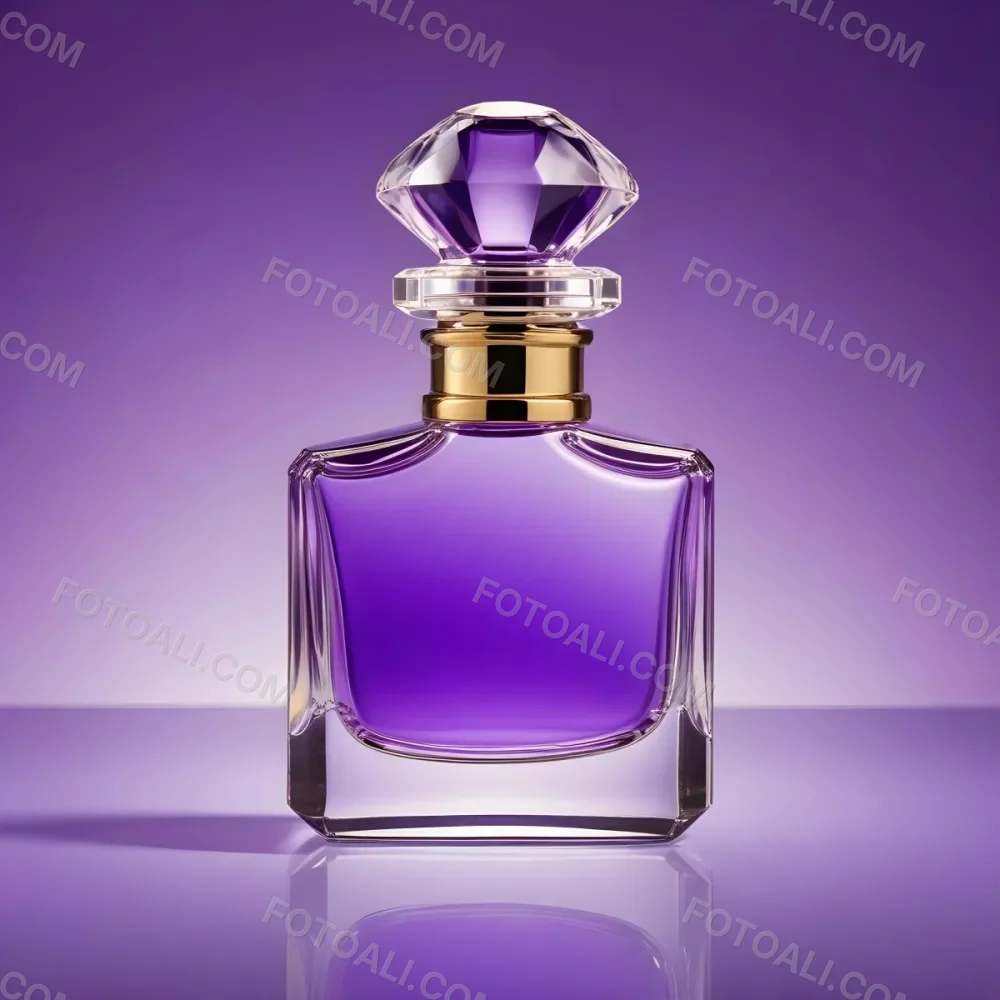 A Purple Perfume Bottle With A Transparent Cap And Golden Neck Placed On A Reflective Surface With A Gradient Purple Background 32 Cb44