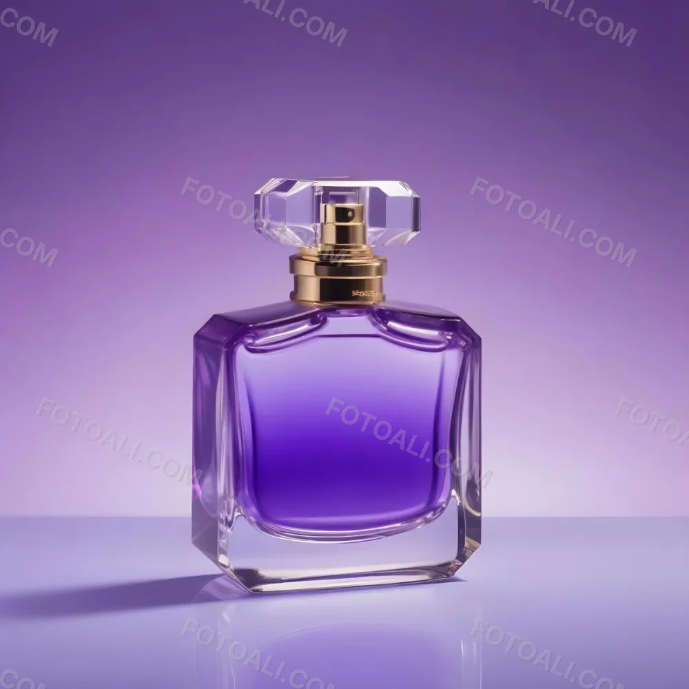 A Purple Perfume Bottle With A Transparent Cap And Golden Neck Placed On A Reflective Surface With A Gradient Purple Background 33 3246