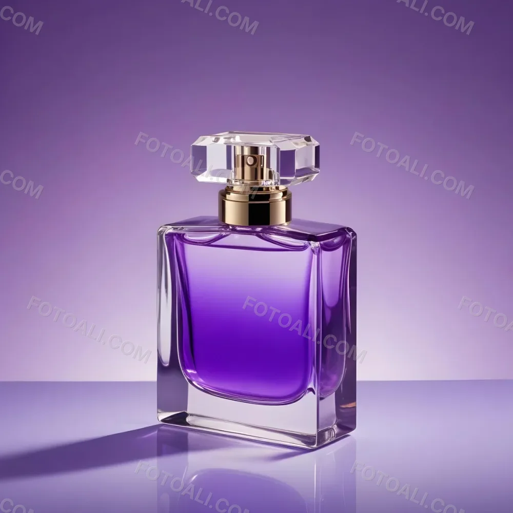 A Purple Perfume Bottle With A Transparent Cap And Golden Neck Placed On A Reflective Surface With A Gradient Purple Background 36 A160