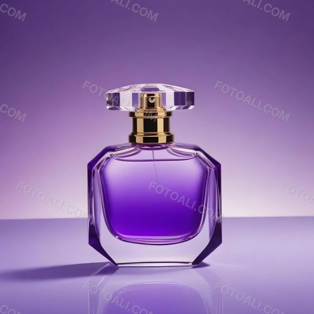 A Purple Perfume Bottle With A Transparent Cap And Golden Neck Placed On A Reflective Surface With A Gradient Purple Background 38 7440