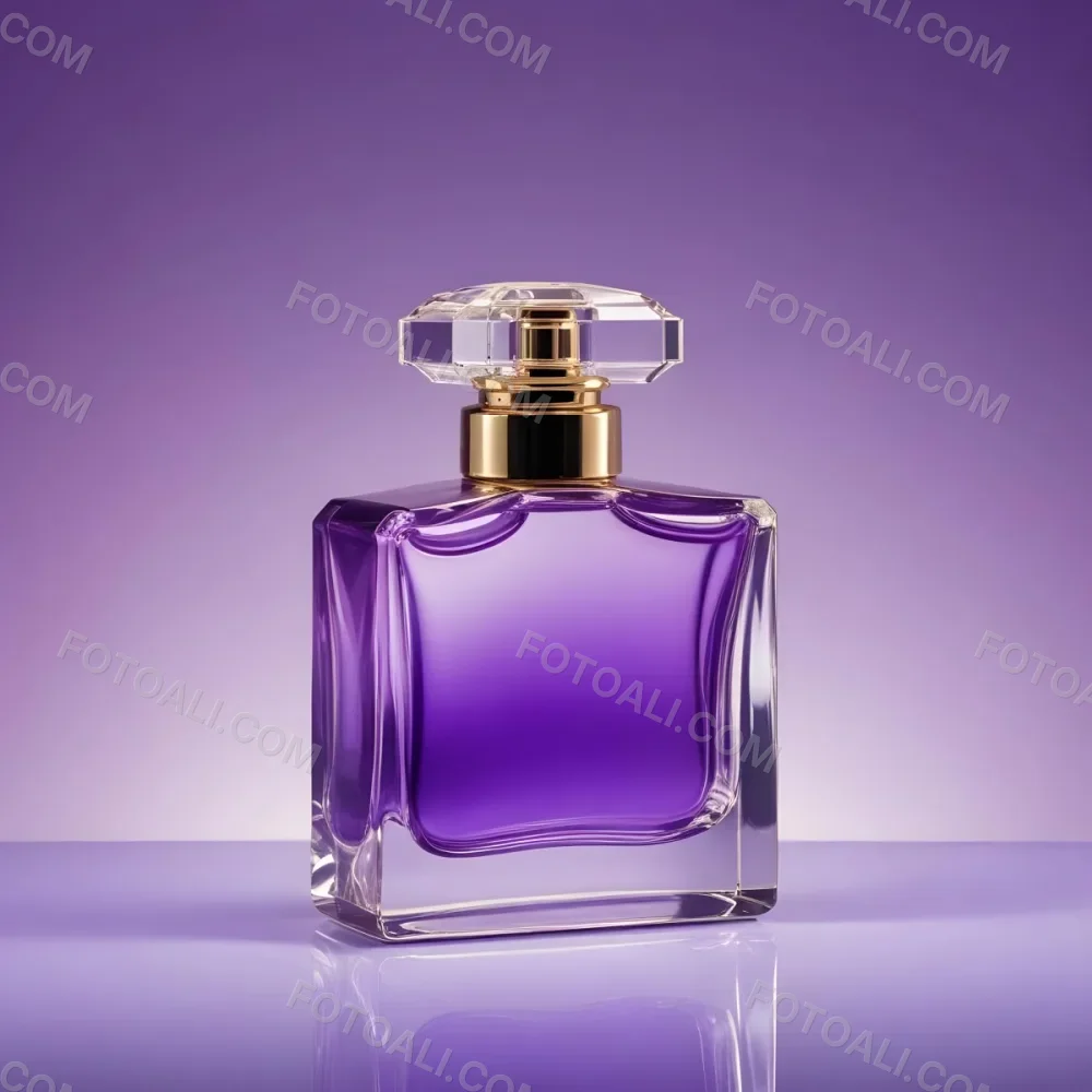 A Purple Perfume Bottle With A Transparent Cap And Golden Neck Placed On A Reflective Surface With A Gradient Purple Background 39 17ba
