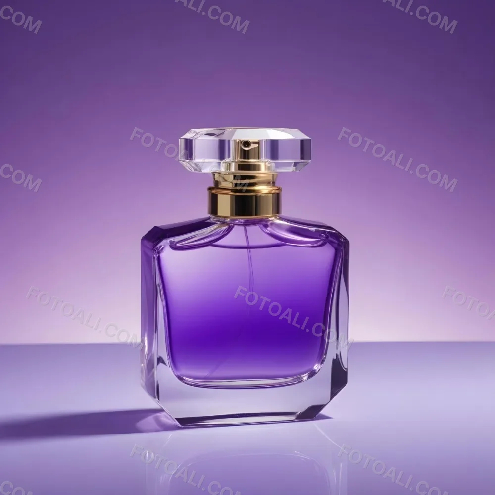 A Purple Perfume Bottle With A Transparent Cap And Golden Neck Placed On A Reflective Surface With A Gradient Purple Background 52 8f2b