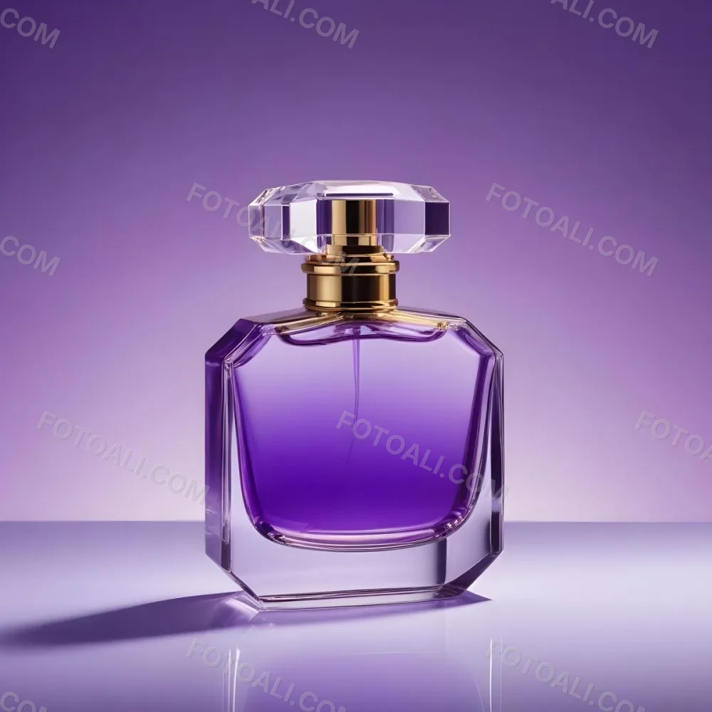 A Purple Perfume Bottle With A Transparent Cap And Golden Neck Placed On A Reflective Surface With A Gradient Purple Background 6 58d7