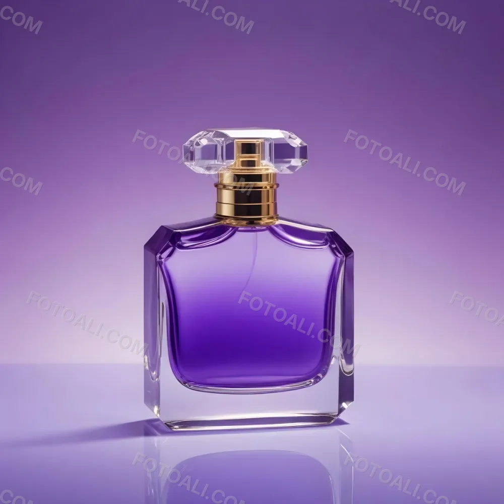 A Purple Perfume Bottle With A Transparent Cap And Golden Neck Placed On A Reflective Surface With A Gradient Purple Background 7 Da06