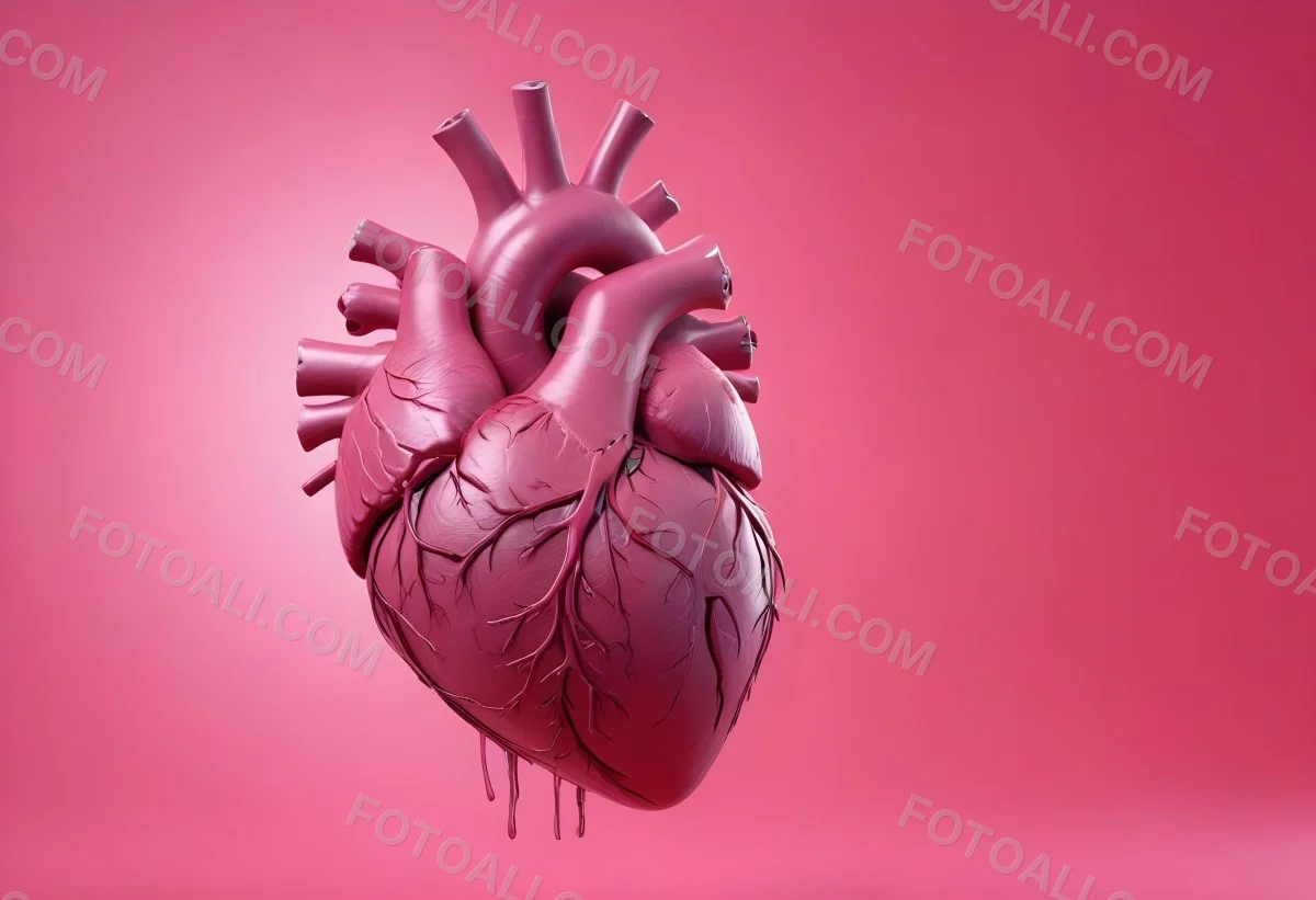 A Realistic Human Heart With Visible Veins And Arteries Detailed Texture Floating In The Air Vibrant Pink Background Dramatic Lighting Anatomical Accuracy Medical Illustration 12 Ef10