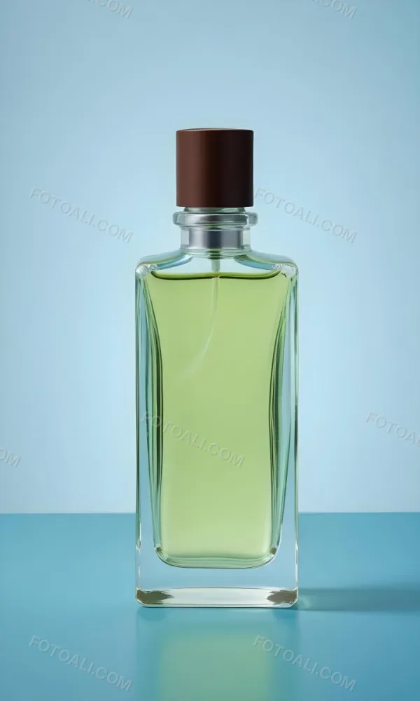 A Rectangular Glass Perfume Bottle With A Dark Brown Cap Filled With A Light Green Liquid Standing Against A Light Blue Background 1 9dc9