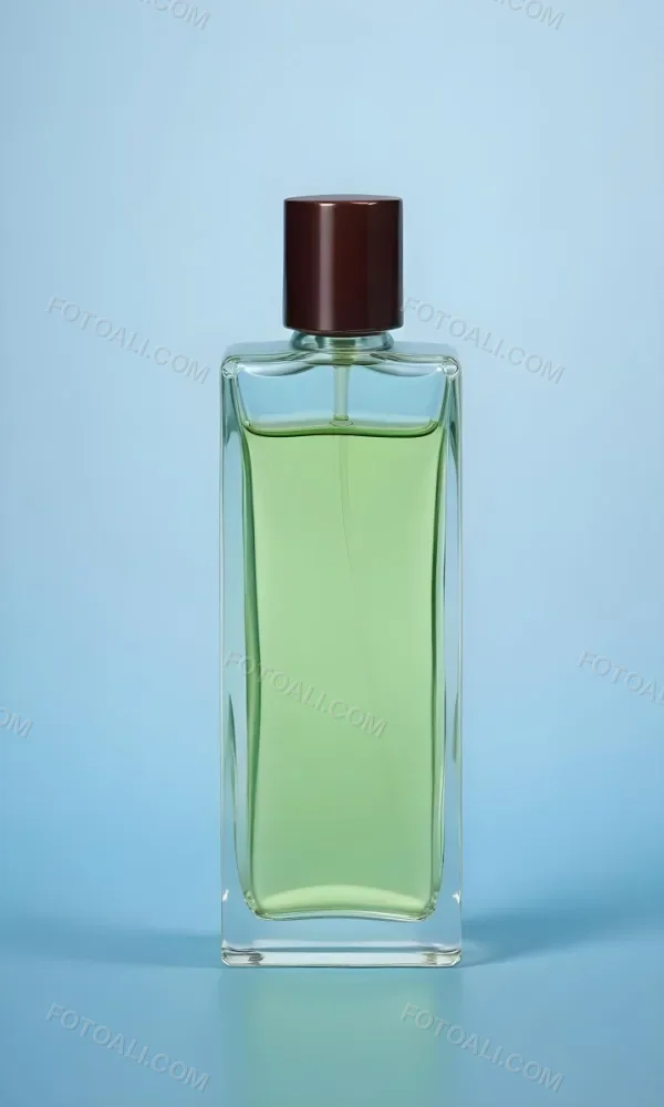 A Rectangular Glass Perfume Bottle With A Dark Brown Cap Filled With A Light Green Liquid Standing Against A Light Blue Background 24 4e20