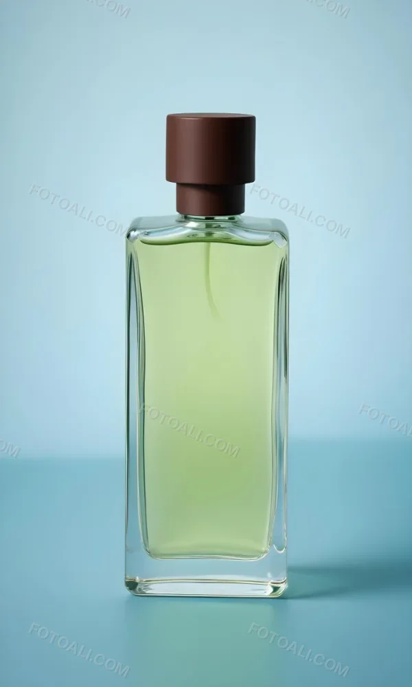 A Rectangular Glass Perfume Bottle With A Dark Brown Cap Filled With A Light Green Liquid Standing Against A Light Blue Background 30 C3c9