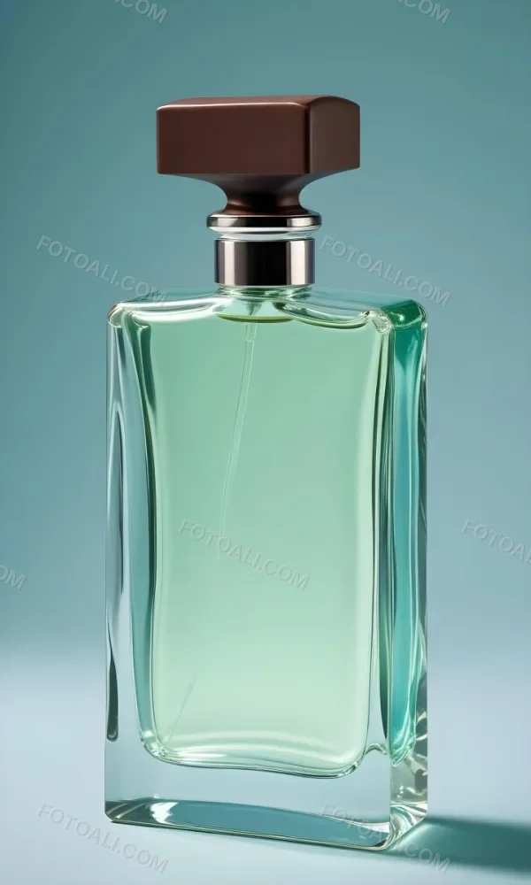 A Rectangular Glass Perfume Bottle With A Dark Brown Cap Filled With A Light Green Liquid Standing Against A Light Blue Background 34 38f8
