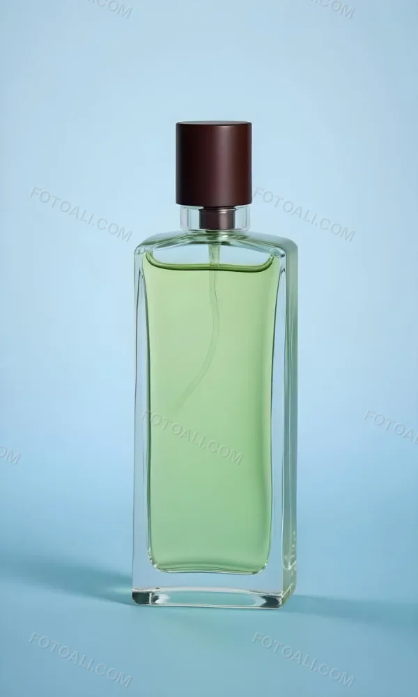 A Rectangular Glass Perfume Bottle With A Dark Brown Cap Filled With A Light Green Liquid Standing Against A Light Blue Background 45 E53f