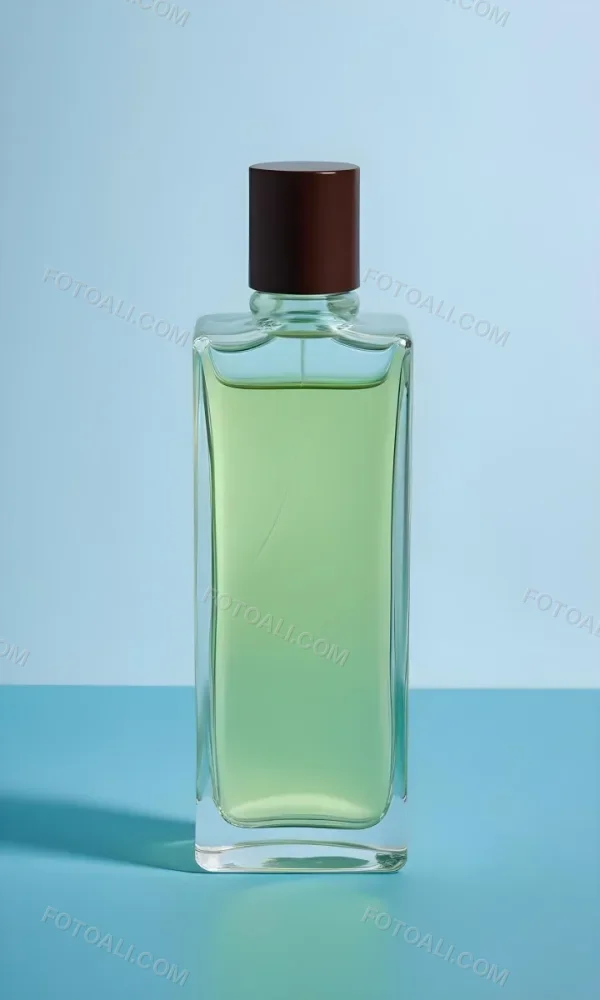 A Rectangular Glass Perfume Bottle With A Dark Brown Cap Filled With A Light Green Liquid Standing Against A Light Blue Background 47 19e0
