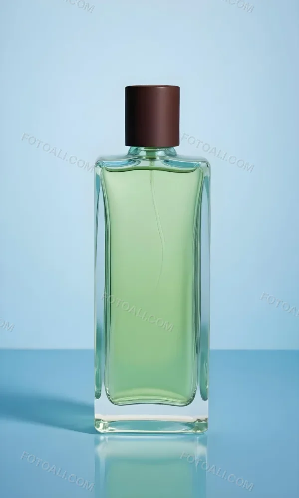 A Rectangular Glass Perfume Bottle With A Dark Brown Cap Filled With A Light Green Liquid Standing Against A Light Blue Background 49 71e7