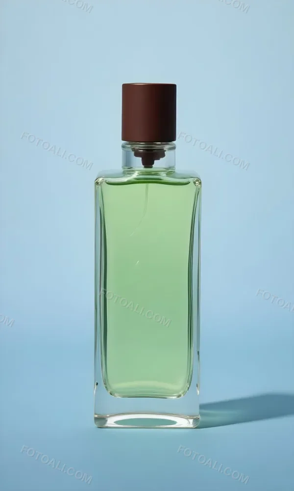 A Rectangular Glass Perfume Bottle With A Dark Brown Cap Filled With A Light Green Liquid Standing Against A Light Blue Background 8 3d89