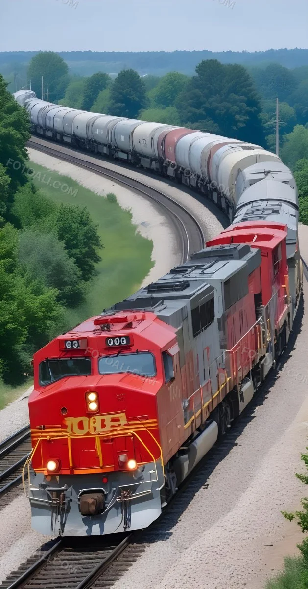 A Red And Gray Freight Train With The Number 108 On The Front Curving Through A Green Tree Lined Landscape On A Sunny Day 10 Dc3c