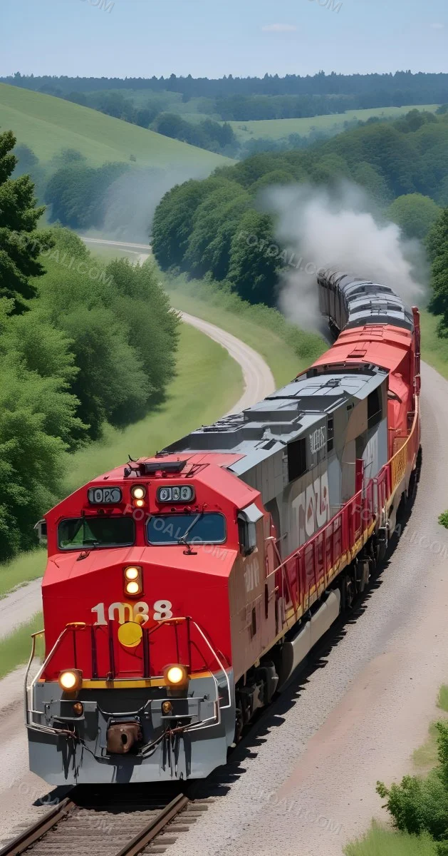 A Red And Gray Freight Train With The Number 108 On The Front Curving Through A Green Tree Lined Landscape On A Sunny Day 12 2bfd