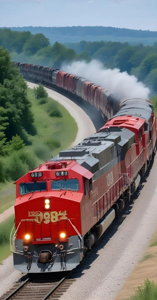 A Red And Gray Freight Train With The Number 108 On The Front Curving Through A Green Tree Lined Landscape On A Sunny Day 14 E678