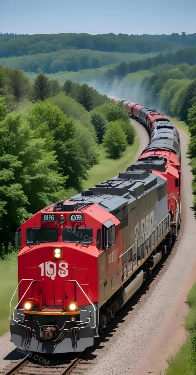 A Red And Gray Freight Train With The Number 108 On The Front Curving Through A Green Tree Lined Landscape On A Sunny Day 5 5e24