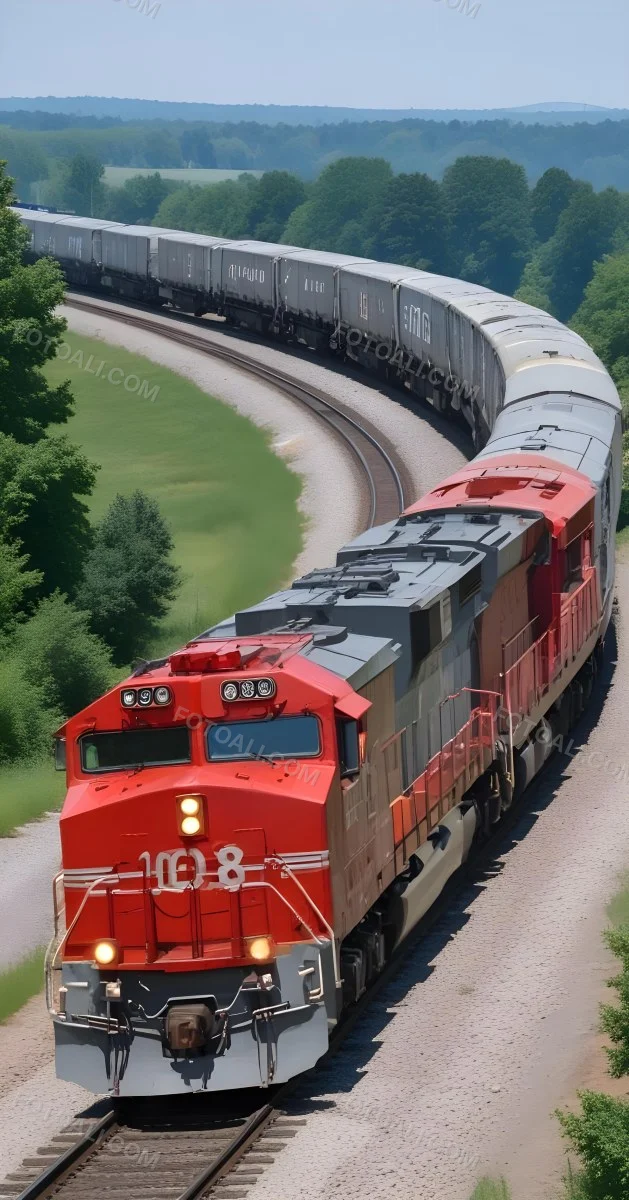 A Red And Gray Freight Train With The Number 108 On The Front Curving Through A Green Tree Lined Landscape On A Sunny Day 6 456e
