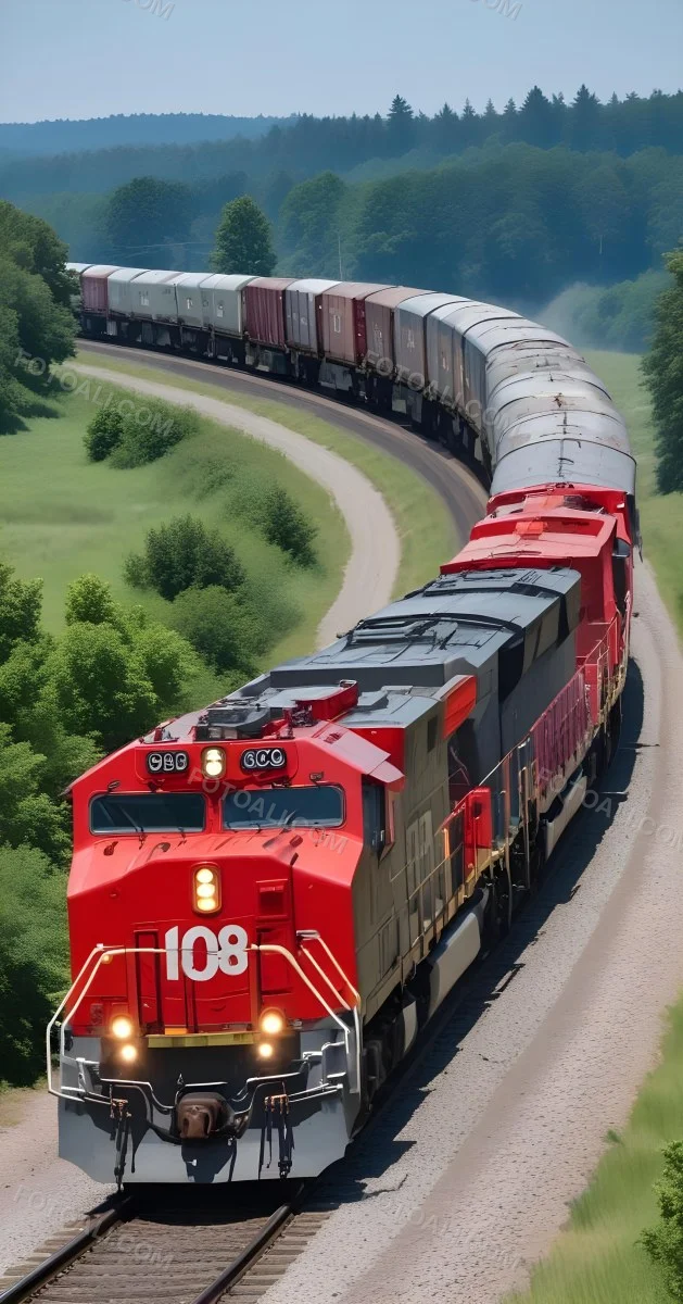 A Red And Gray Freight Train With The Number 108 On The Front Curving Through A Green Tree Lined Landscape On A Sunny Day 8 3d26