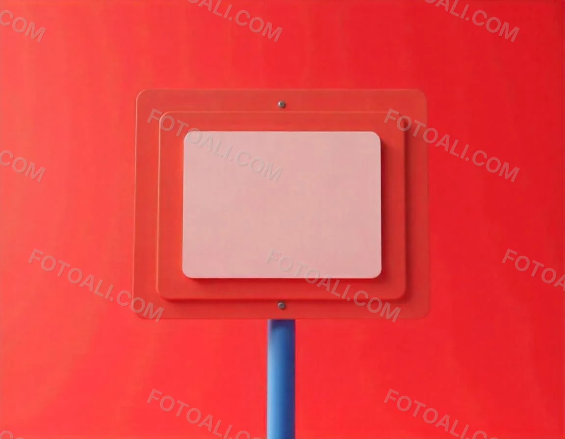 A Red And White Sign On A Pole Against A Red Sky The Sign Is Blank The Pole Is Blue 20 4543