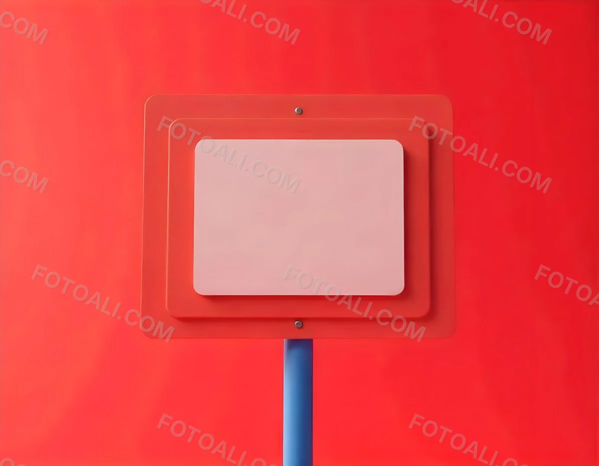 A Red And White Sign On A Pole Against A Red Sky The Sign Is Blank The Pole Is Blue 7 9914