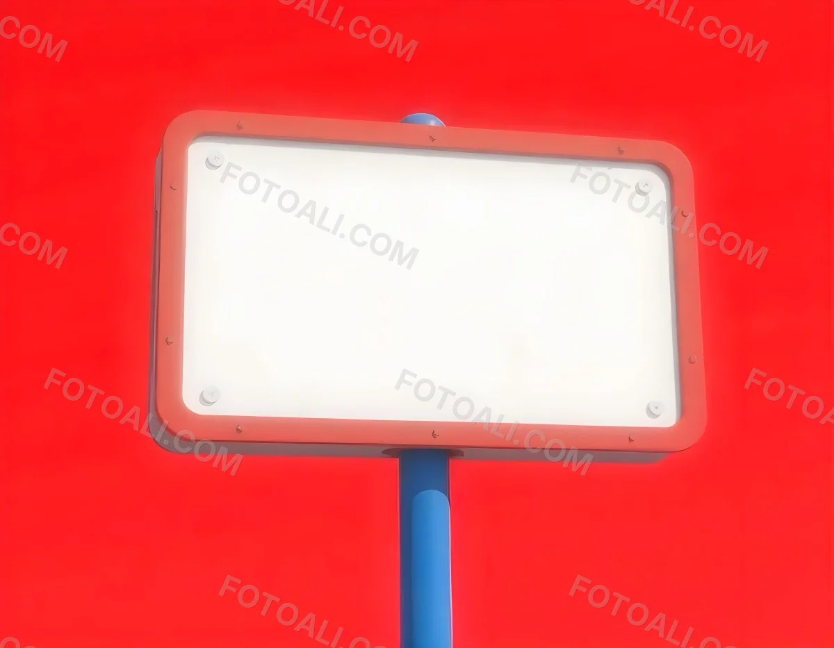 A Red And White Sign On A Pole Against A Red Sky The Sign Is Blank The Pole Is Blue 9 4751