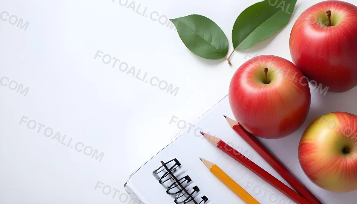 A Red Apple Pencils And A Notebook On A White Background With Green Leaves 1 28a2