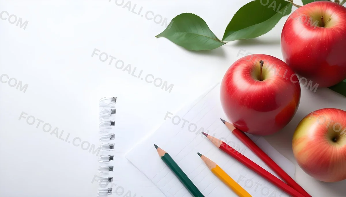 A Red Apple Pencils And A Notebook On A White Background With Green Leaves 2 B091