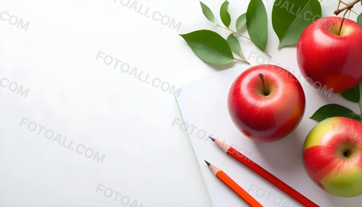 A Red Apple Pencils And A Notebook On A White Background With Green Leaves 3 69b6