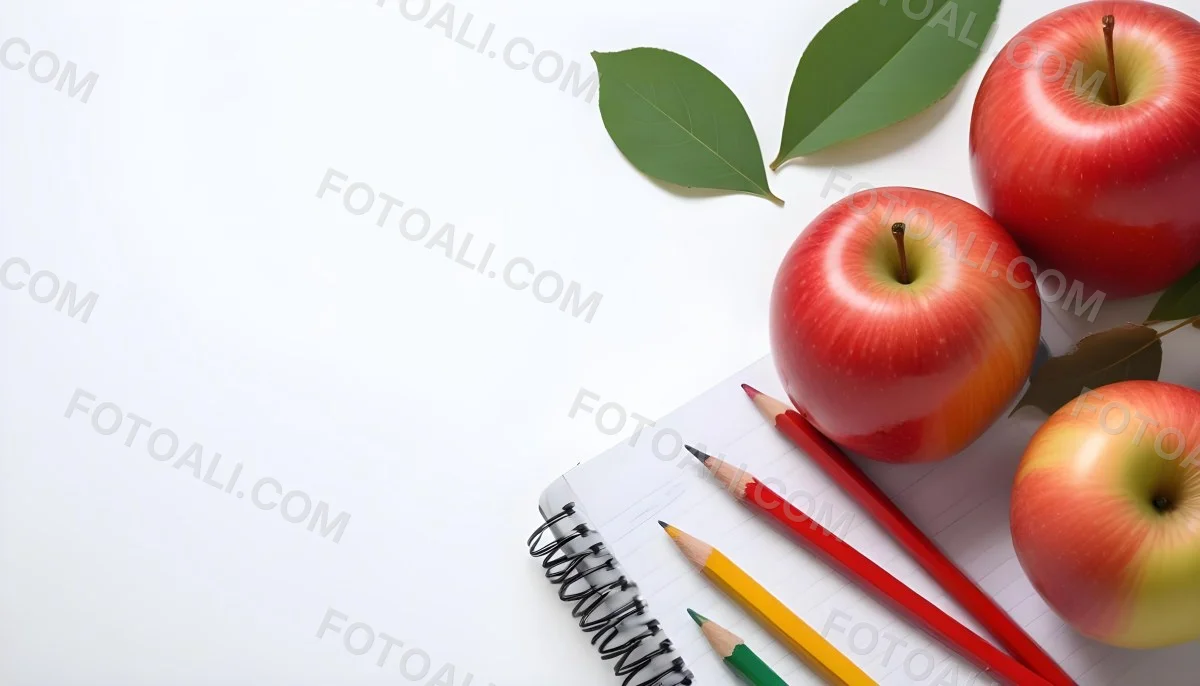 A Red Apple Pencils And A Notebook On A White Background With Green Leaves 5 Ab2a