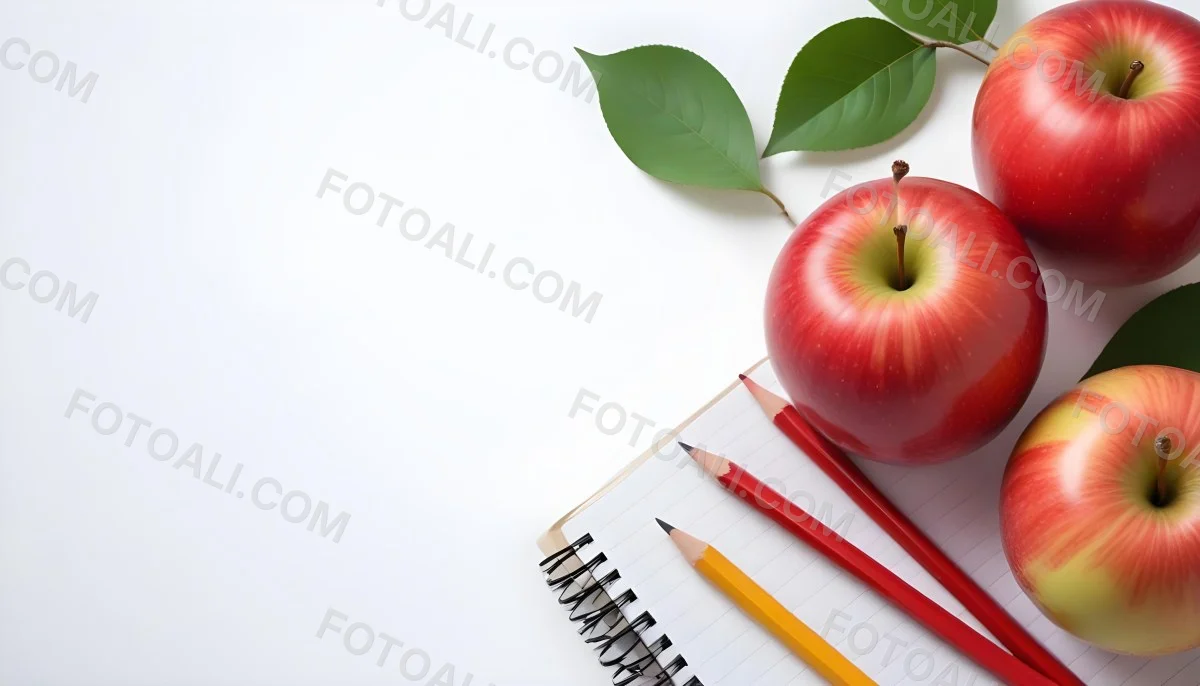 A Red Apple Pencils And A Notebook On A White Background With Green Leaves 6 0c5f