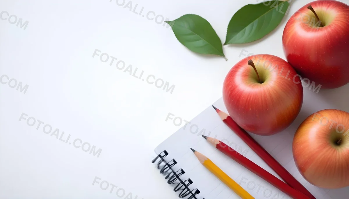 A Red Apple Pencils And A Notebook On A White Background With Green Leaves 7 E396