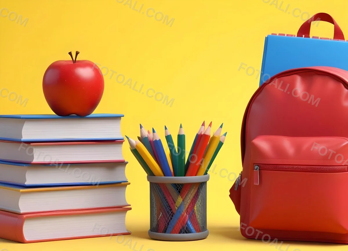 A Red Apple Stacks Of Books A Pencil Holder With Colored Pencils And A Red Backpack On A Yellow Background 11 1395