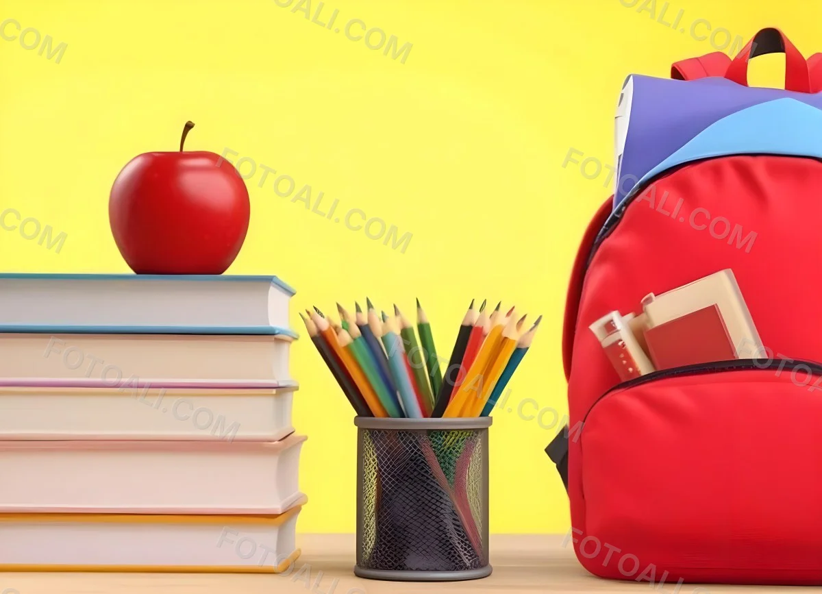 A Red Apple Stacks Of Books A Pencil Holder With Colored Pencils And A Red Backpack On A Yellow Background 20 22d0