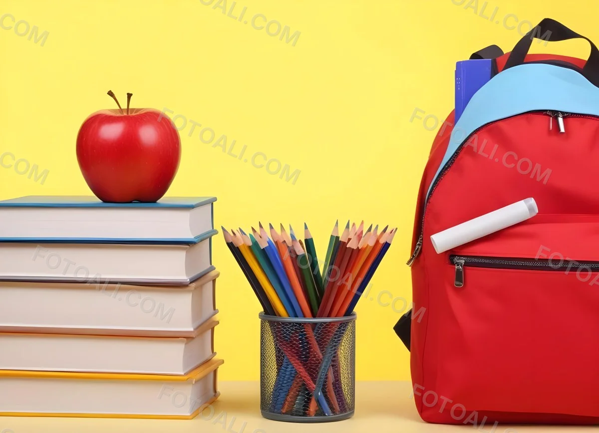 A Red Apple Stacks Of Books A Pencil Holder With Colored Pencils And A Red Backpack On A Yellow Background 21 1aaa