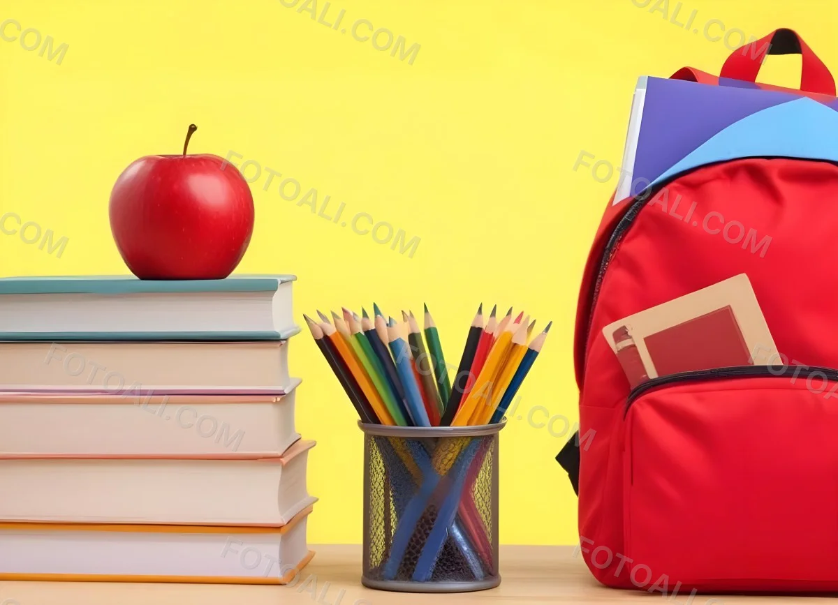 A Red Apple Stacks Of Books A Pencil Holder With Colored Pencils And A Red Backpack On A Yellow Background 23 Be06