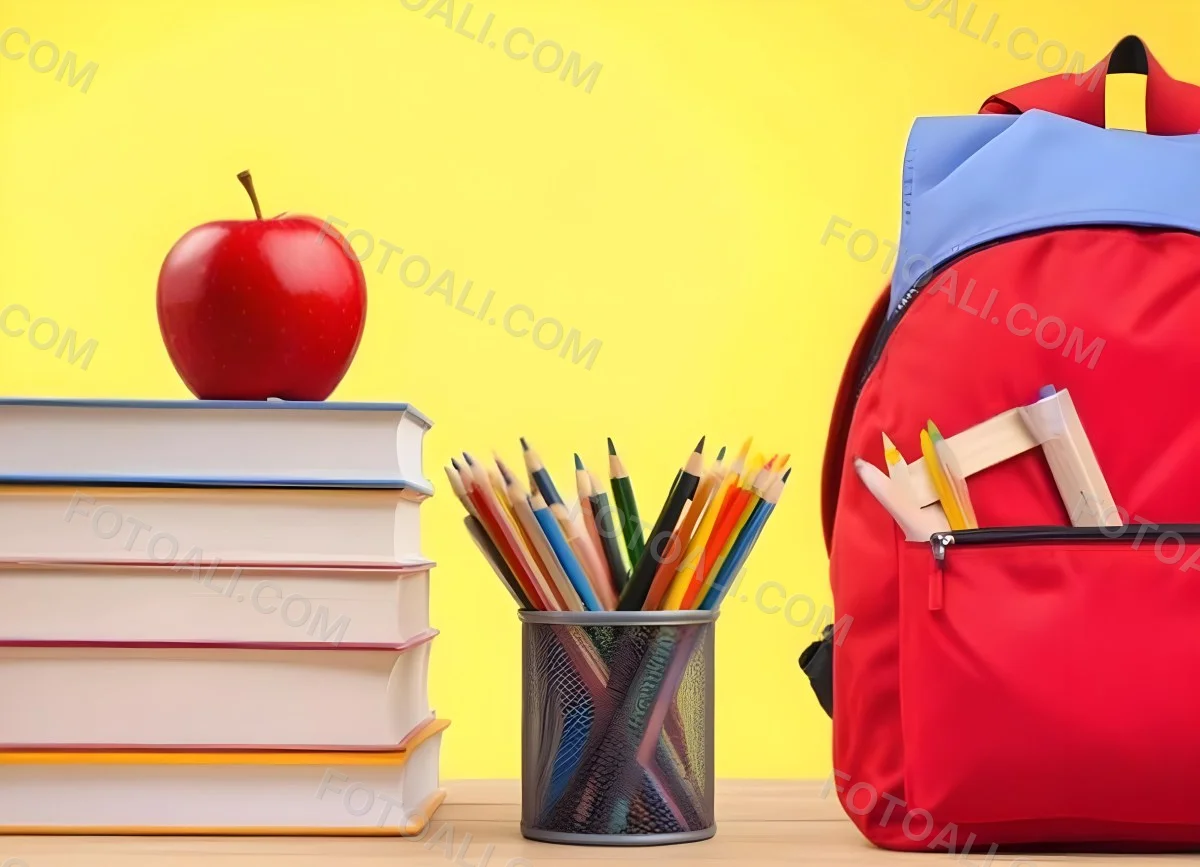 A Red Apple Stacks Of Books A Pencil Holder With Colored Pencils And A Red Backpack On A Yellow Background 24 A690